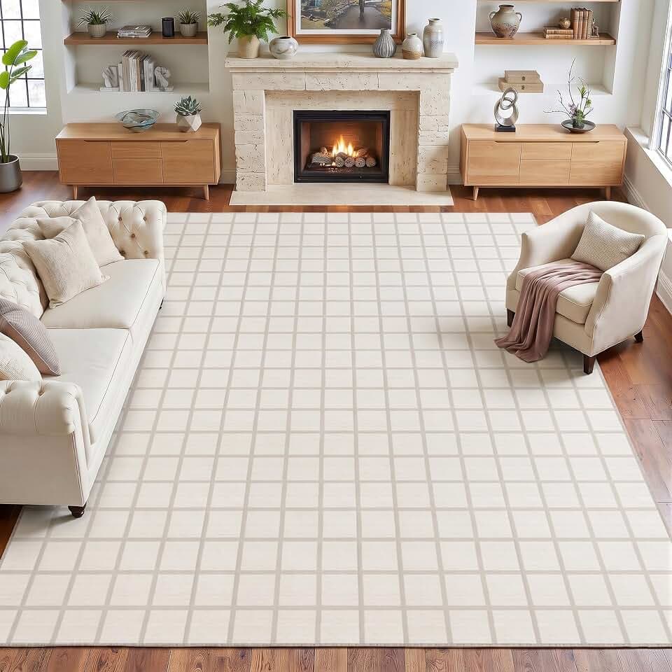 Wohnzimmer Teppich 200 x 300 cm Beige – Waschbarer Gittermuster Teppiche