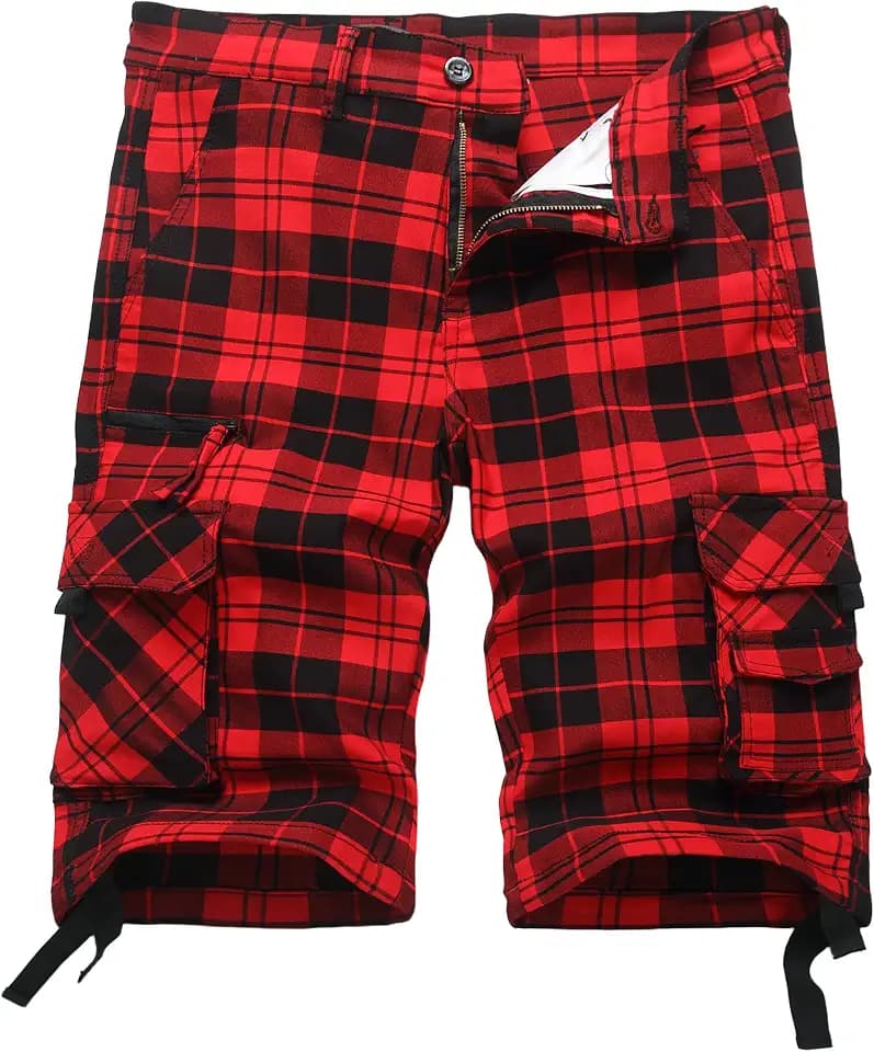 NOVOCCT Men's Plaid Cargo Shorts 15" Inseam Regular Fit 8-Pockets