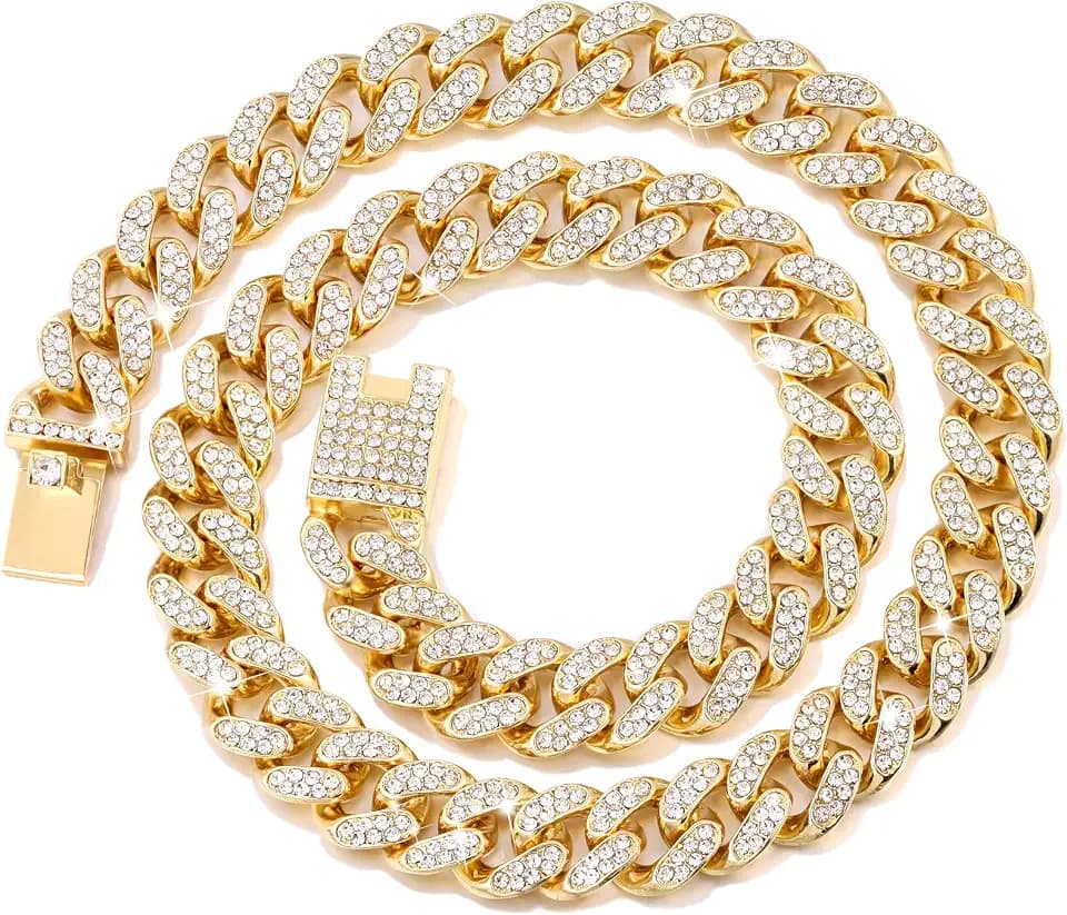 Cuban Link Dog Collar Gold Silver Color Metal Dog Chain Collar Cuban Diamond Chain Pet Collars for Dogs Cats Jewelry 8/10/14/16/18/20/24/28 Inch (18inch, Gold)