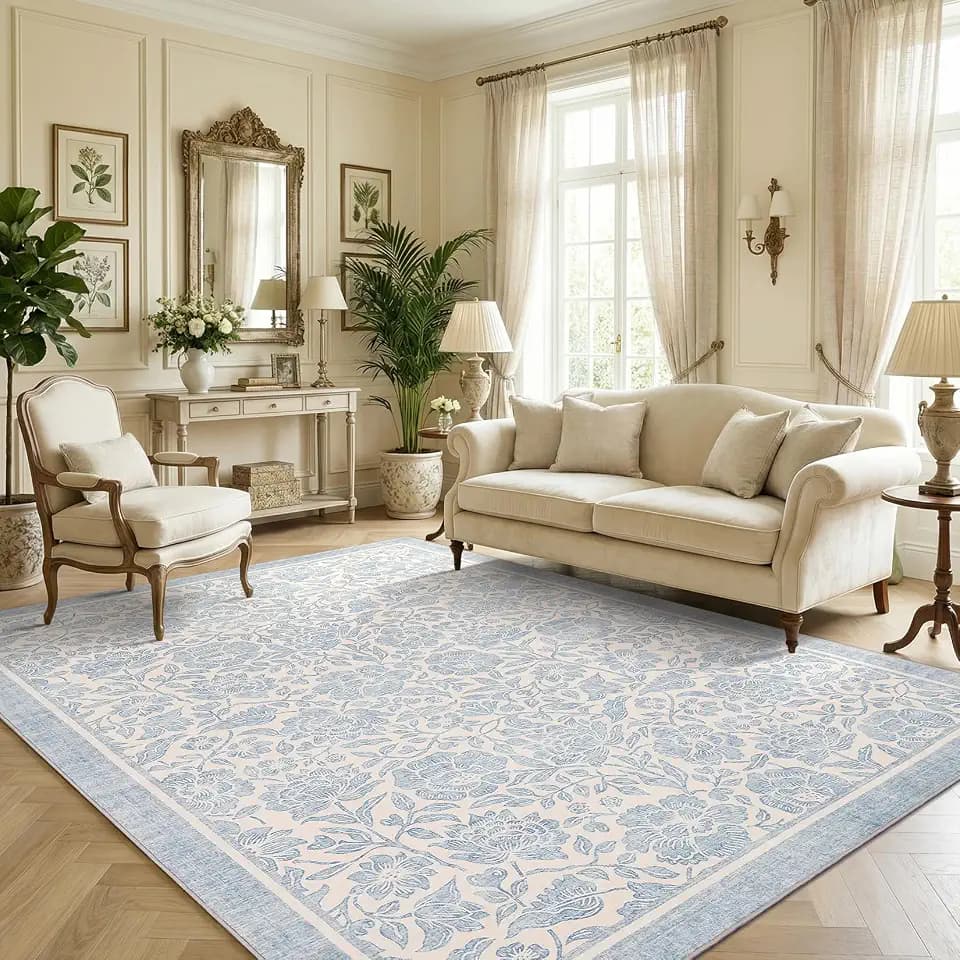 Garvee Blue Floral 4x6 Rug Washable Boho Rugs for Bedroom Non-Slip Dorm Rug