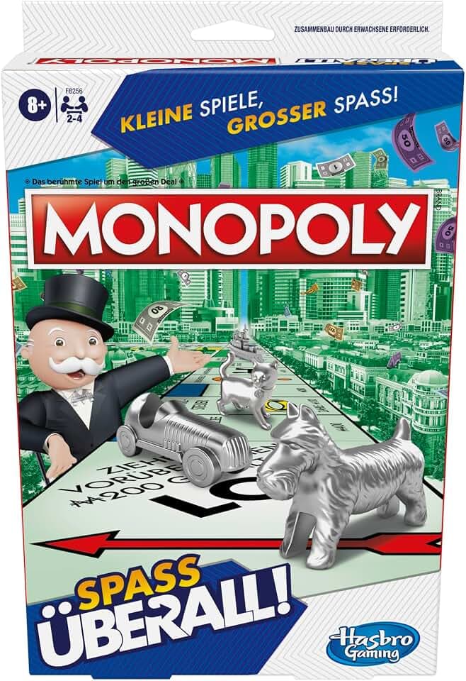 Monopoly Kompakt Brettspiel, klassisches Familienspiel in der Reiseversion für unterwegs, 2 bis 4 Spieler, Strategiespiel geeignet ab 8 Jahren, Reisespiel für die Familie