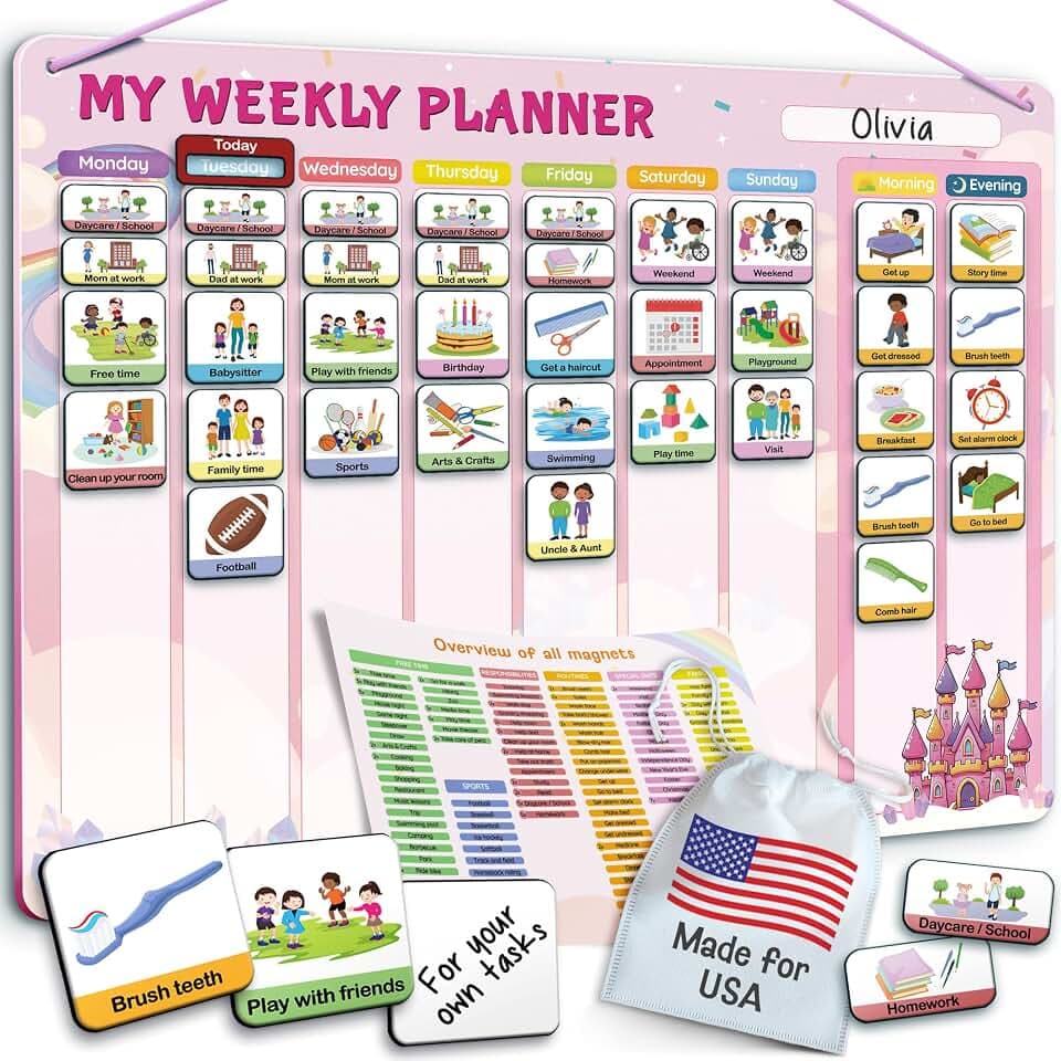 LIKARTO Visual Schedule for Kids - 2-in-1 Weekly + Daily Schedule - Magnetic Schedule with 188 Magnets and Magnetic Backing - Chore Chart Kids - Routine Chart for Toddlers, Autism, ADHD - Pink