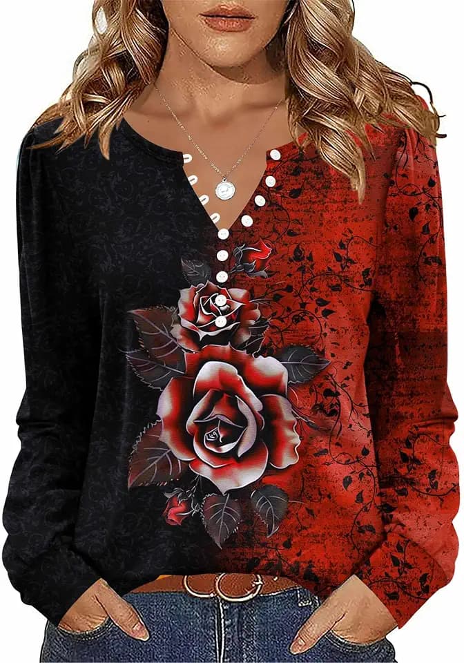 Zeagoo Fall Tops for Women Long Sleeve Button Up Shirts Floral Tunics V Neck Pullover Blouse