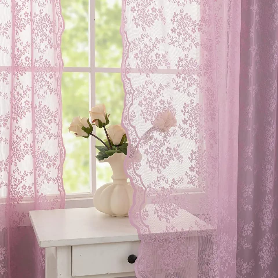 YJ YANJUN Vintage Lace Curtains 84 Inches Long-Victorian Floral Pattern Lilac Sheer Curtain Panels for Living Room Bedroom,Light Filtering, Cute Girls Drapes 2 Panels 52W x 84L Purple Blush