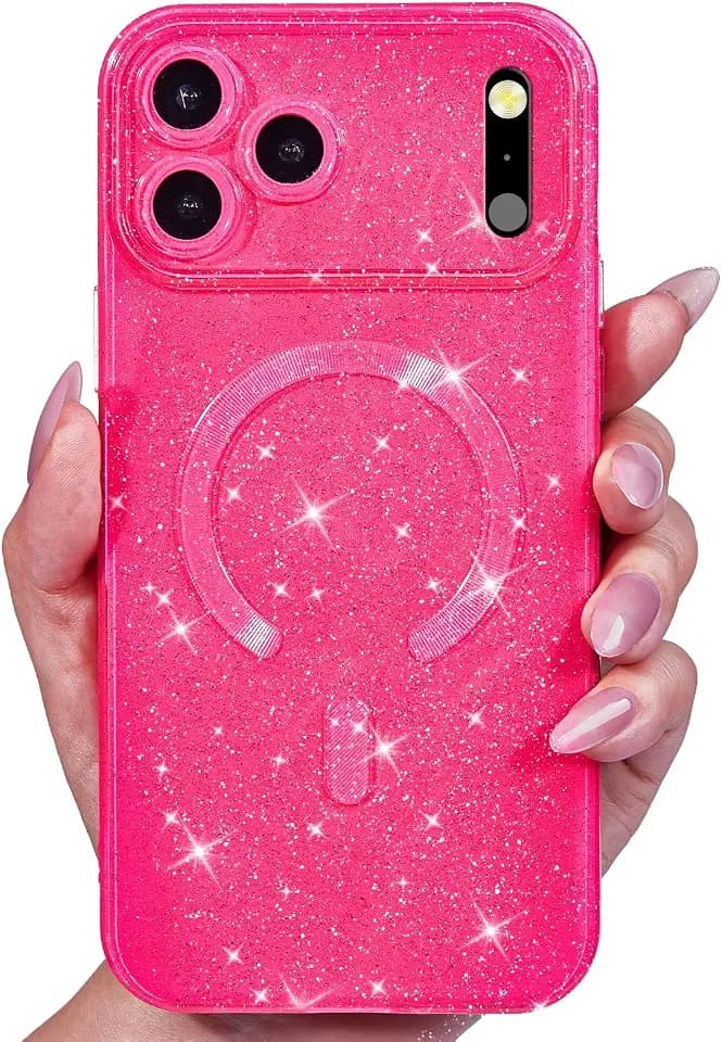 Svanove Glitter Case for iPhone 17 Pro Max/ 18 Pro Max Phone Case Magnetic Compatible with Magsafe, Sparkle Bling Shiny Sparkly Cute Girly Design, Trendy Hard Mag Cover for Women, Neon Hot Pink