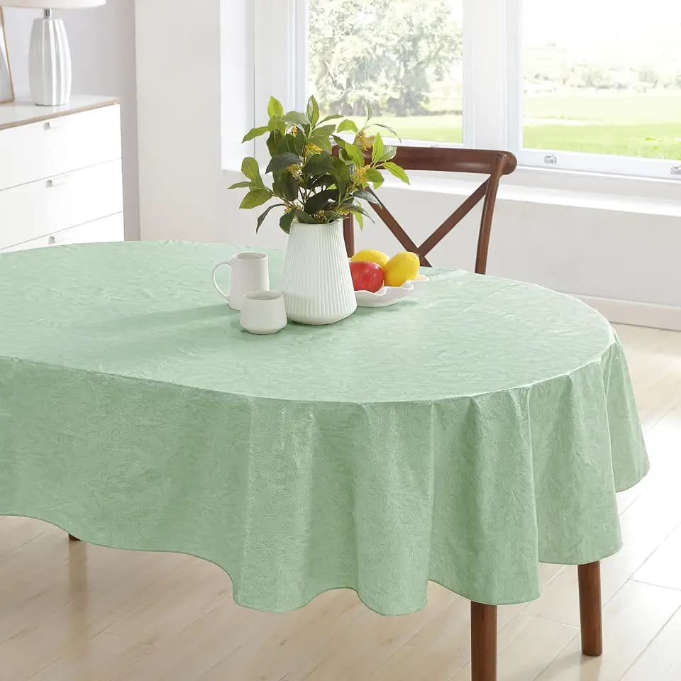 Newbridge Napa Leaf Sage Green Vinyl Flannel Backed Tablecloth, 60 x 84 Inch Oval, Hotel Quality Waterproof Indoor Outdoor Table Cover for Kitchen, Patio, Dining, BBQ