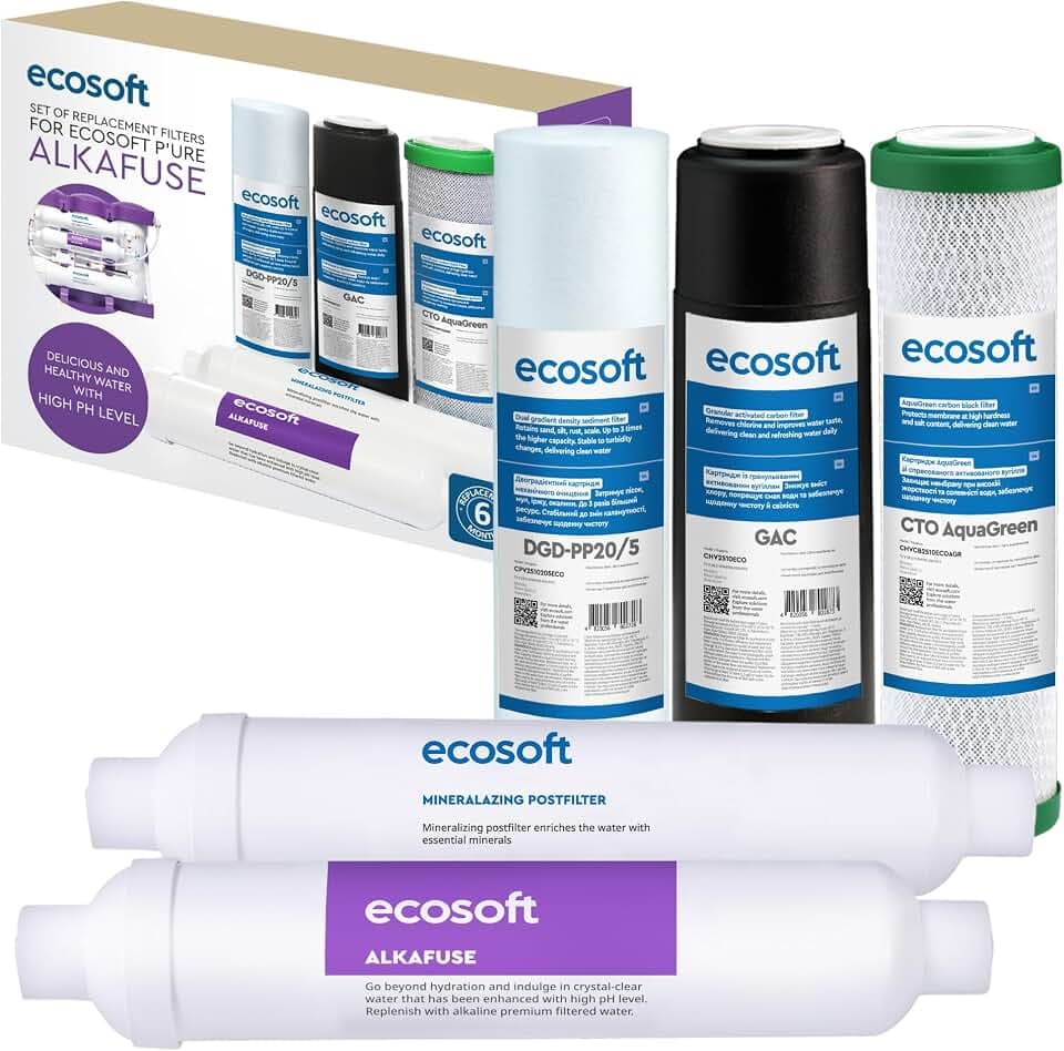 Ecosoft Umkehrosmosefilter, 5-stufiges Ersatz-Set ohne Pumpe mit Alkalisierer, ausgewogenes Trinkwasser für Zuhause, Untertischmontage
