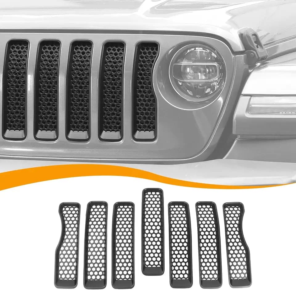 Hoolcar Front Grill Insert Cover Trim Kit Compatible with Jeep Wrangler JL JLU 2018-2024 2025 Front Honeycomb Grille Cover Guard Exterior Accessories, Matte Black, 7 PCs