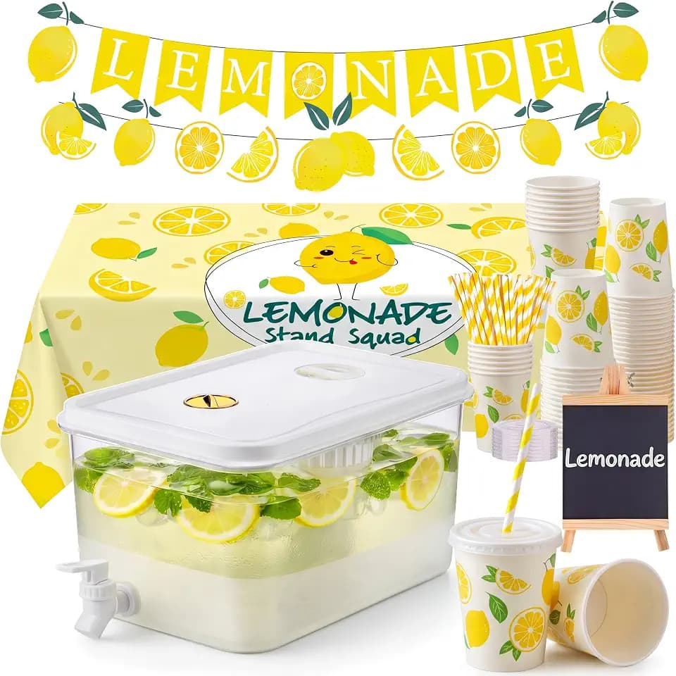 Bokon 103 Pcs Lemonade Stand Supplies Include 1.3 Gallon Drink Dispenser Table Cover 100 Pcs 9 oz Paper Cups with Lids and Paper Straws and Wooden Blackboard for Lemonade Stand Decorations