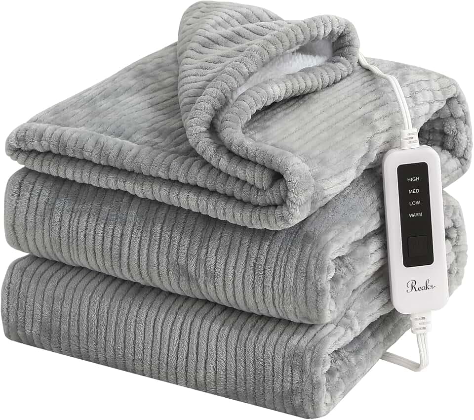 Reaks Heated Electric Blanket Throw - 50" x 60" Heating Blanket with 4 Fast Heating Levels & 3 Hours Auto Off, Soft Warm Flannel Sherpa Blankets for Home Office, ETL&FCC Certification, Light Grey