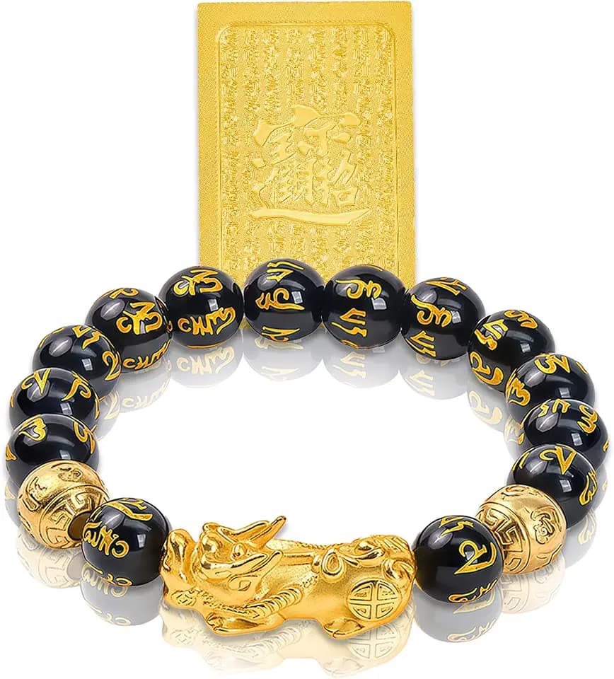 Feng Shui Bracelet,12mm 10mm Golded Pixiu Black Obsidian for Lucky, Adjustable Good Luck Pi Yao Bracelet for Men, Wealth and Luck Aura Mantra Stone Beads for Positive Energy & Abundance, Includes Gift Box & Card