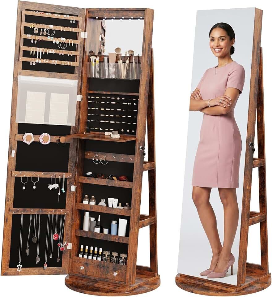 360° Rotating Jewelry Armoire with Full-Length Mirror & LED