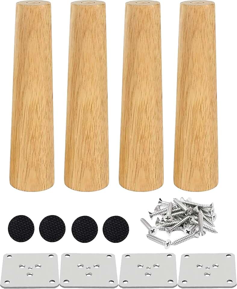 Drenky 4 Stück Tischbeine Holz, 25 cm Rund Möbelfüße Holz Schrankfüsse aus Massivholz Mit Montageplattes, Schraubens Und Leise Gummipads für Sessel, Nachttische, Schränke, Kommoden