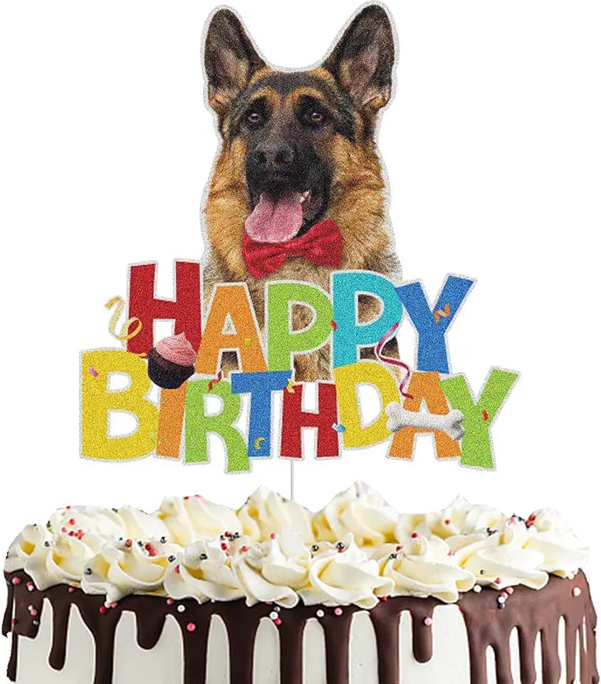 Dog Happy Birthday Cake Topper Puppy Pet Themed Bday Party Cake Decor German Shepherd Colorful Glitter Party Decoration Supplies (German Shepherd)