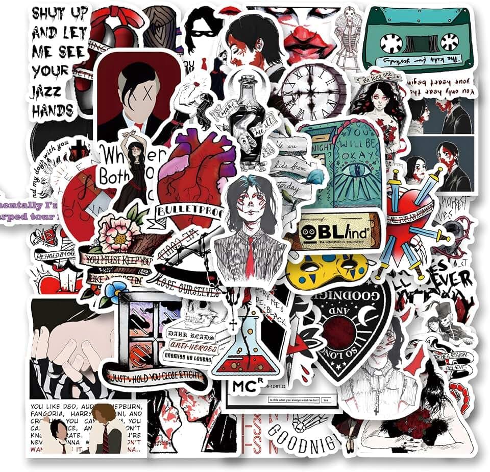 50pcs My Chemistry Romance MCR Punk Band Sticker, Cute Cartoon Vinyl Waterproof Stickers for Water Bottle,Skateboard,Laptop,Phone,Journaling,Scrapbooking Decals for Party Supply Decor