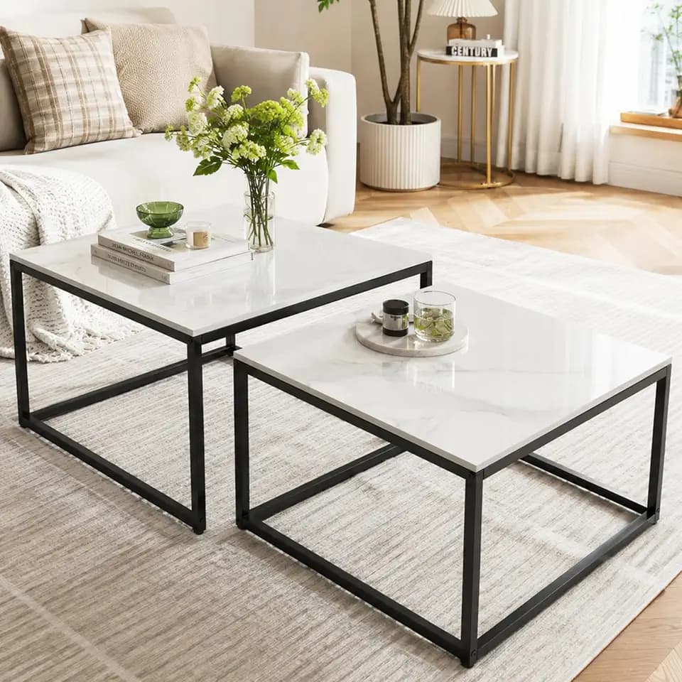 FATIVO Couchtisch 2er Set aus Sinterstein, Weiß, 65/60 cm