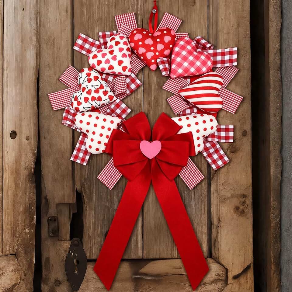 Suncalla Valentine's Day Wreath 14'' Love Heart Wreath with 3D Heart Ornaments for Front Door 24'' Long Window Porch Home Wedding Festival Celebration Wall Decorations(Bow)