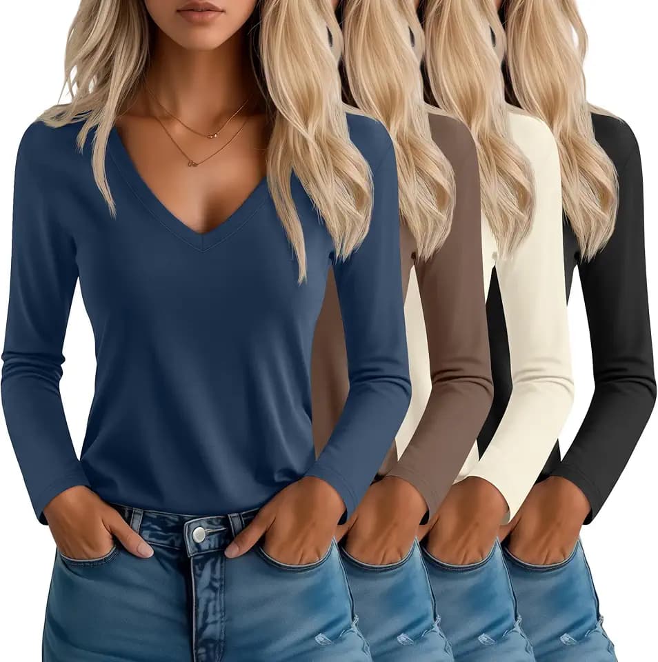 Neer 4 Pcs Women's V Neck T-Shirts Long Sleeve Loose Fit Tops