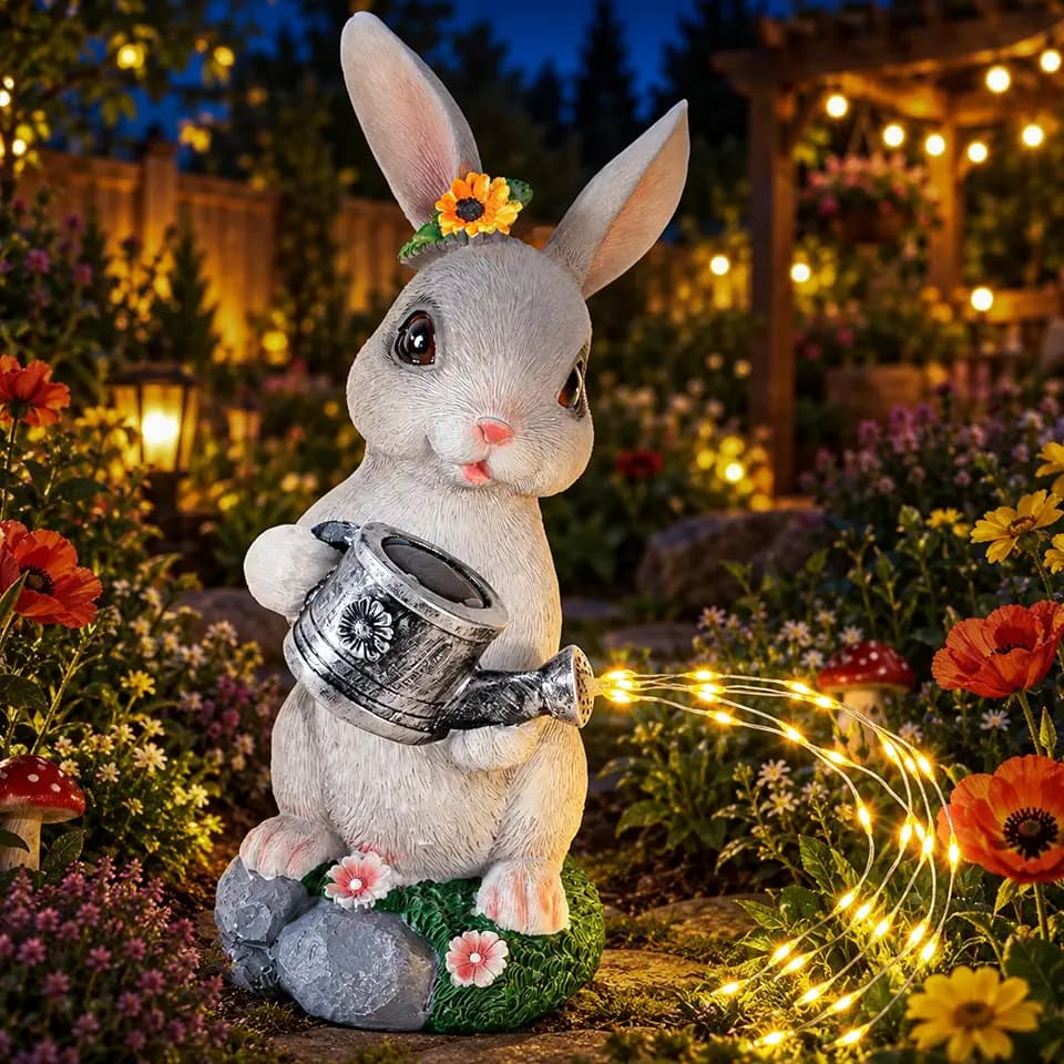 Solar Rabbit Garden Statues Outdoor Decor, Resin Rabbit Figurine Decorations with Solar Watering Can Light, Whimsical Bunny Sculpture for Garden Patio, Balcony, Yard, Lawn Ornament