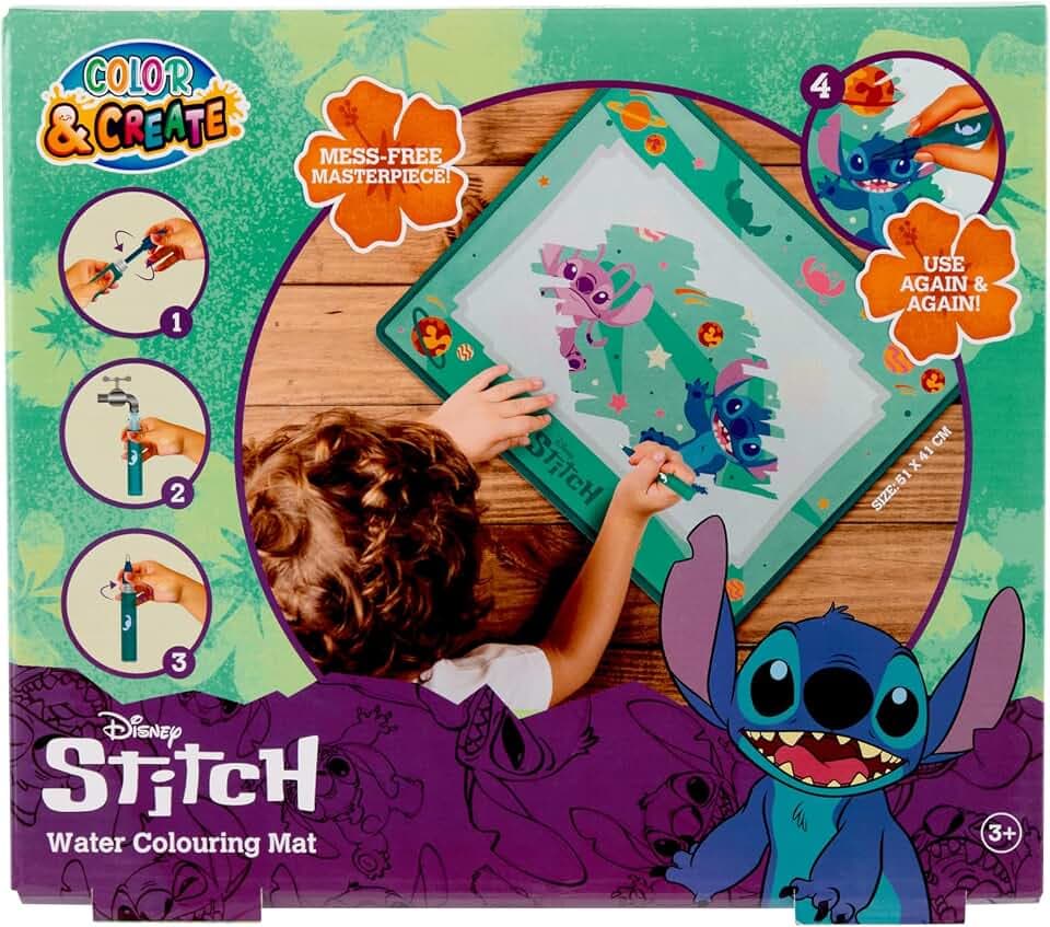 Disney Stitch Wasser-Malmatte | Wiederverwendbare Aqua-Zeichnungsmatte für Kinder | Sauberes Malset ohne Farbe | Mit Zauber-Wasserstift | Kreatives Spielzeug für Mädchen und Jungen | 51x41 cm