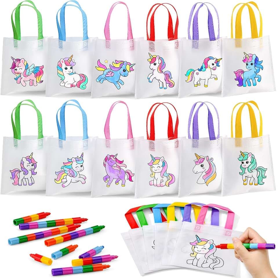 12Stk. Einhorn Stoffbeutel zum Bemalen, Einhorn Mitgebsel Kindergeburtstag