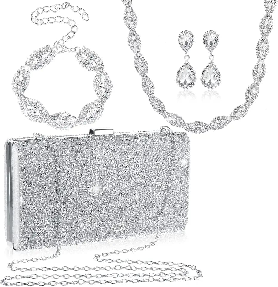 Mixweer 4 Pcs Women Silver Jewelry Set with Clutch Purses