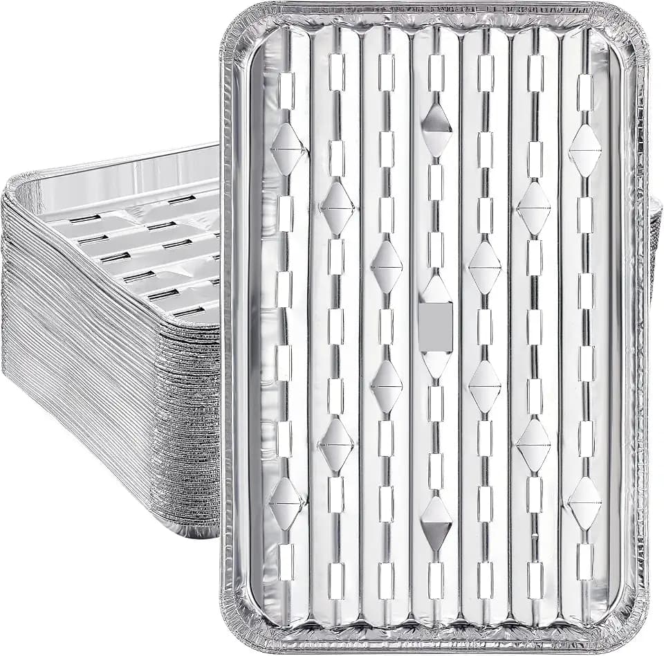 50 Pack Aluminum Grill Pans 9x13 Inch, Broiler Pans for Oven, Disposable Aluminum Grill Liners with Holes with Ribbed Bottom Surface for BBQ Foil Drip Roast Trays