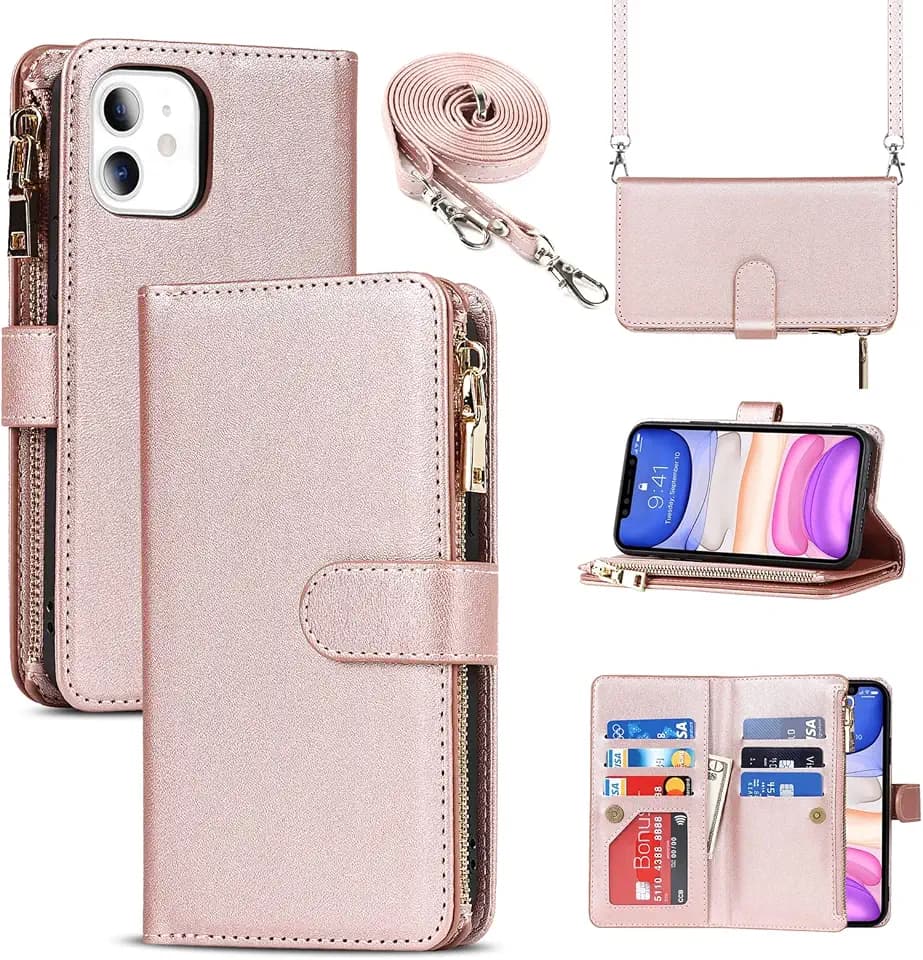 Crossbody Wallet for iPhone 11 Case with Strap,6.1",Rosegold