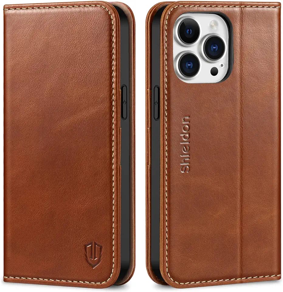 SHIELDON Genuine Leather Case Wallet for iPhone 14 Pro Max, Retro Brown
