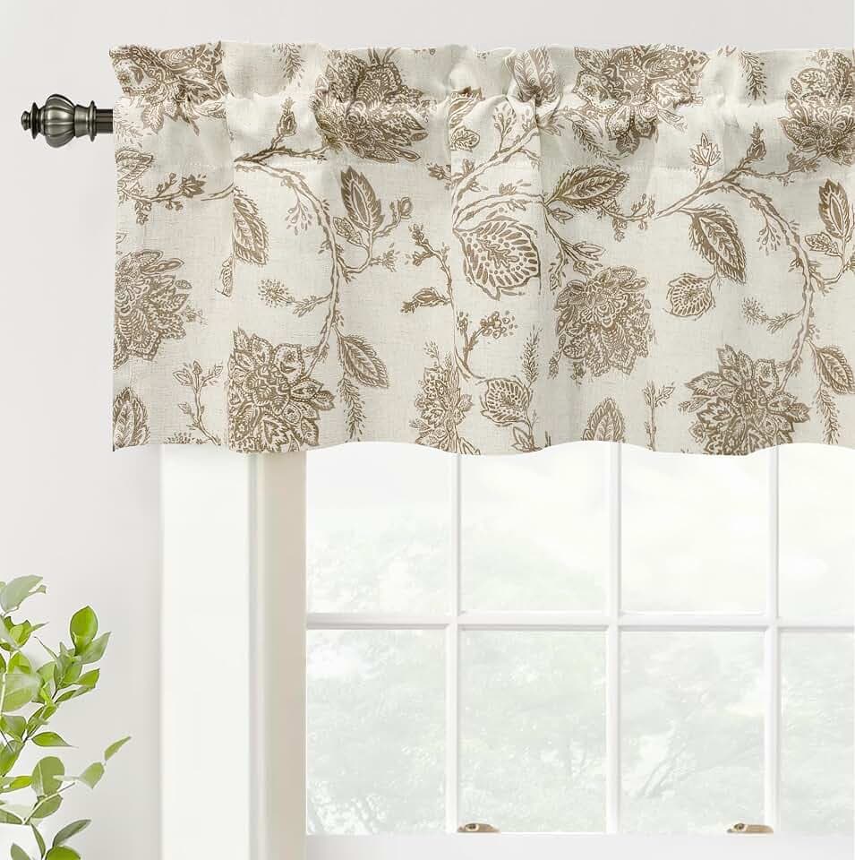 DriftAway Freda Jacobean Floral Linen Blend Blackout Thermal Insulated Energy Saving Privacy Window Linen Curtain Valance Rod Pocket 2 Layers Single 52 Inch by 14 Inch Plus 2 Inch Header Taupe