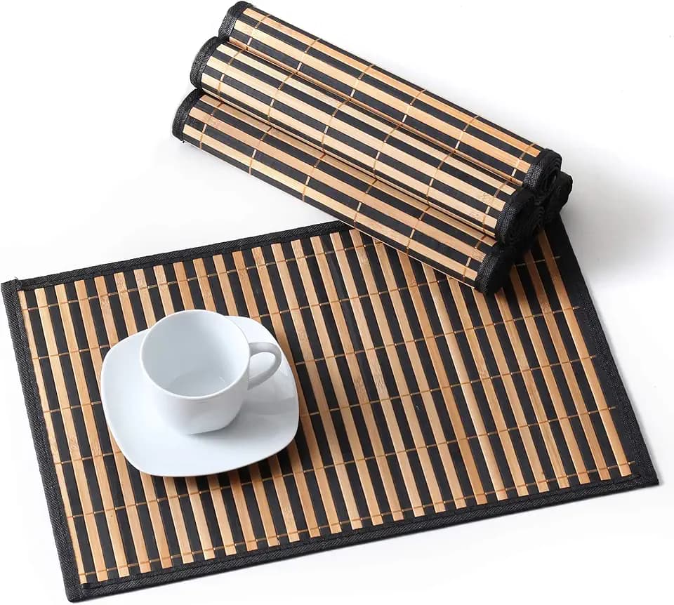 LOVECASA Tischsets Abwaschbar 6er Set, Bambus Platzsets 45 x 30 cm, rutschfest Platzdeckchen für Küche, Bambusmatte, Abgrifffeste Hitzebeständig, Schwarz