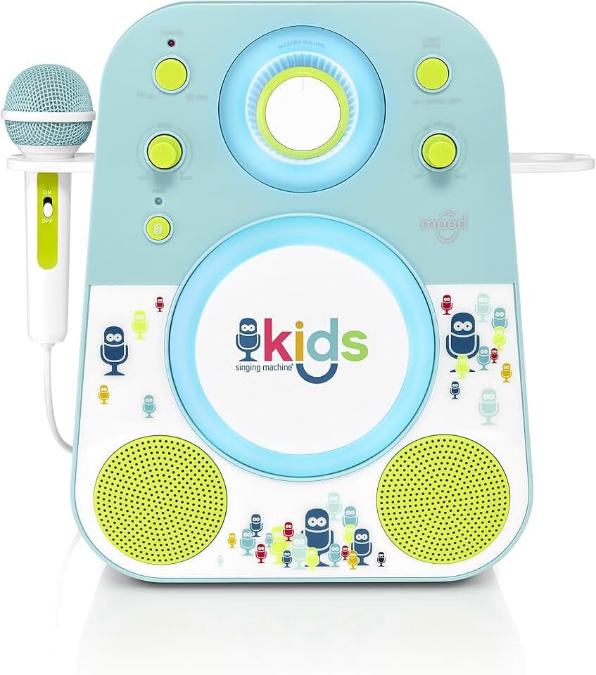 Singing Machine Kids SMK250BG Mood LED Glowing Bluetooth Sing-Along Speaker with Wired Youth Microphone Doubles as a Night Light, Blue/Green