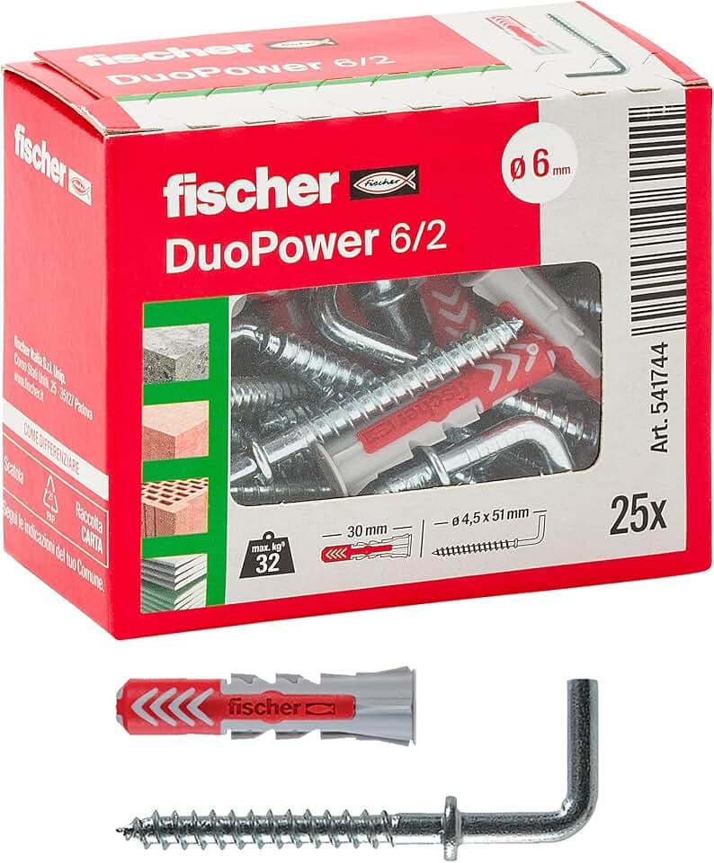 Fischer 25 Duopower Dübel mit mittelhohem Haken, grau/rot, 6 x 30 mm, universell für Mauer, Lochziegel, Gipskarton, 541744