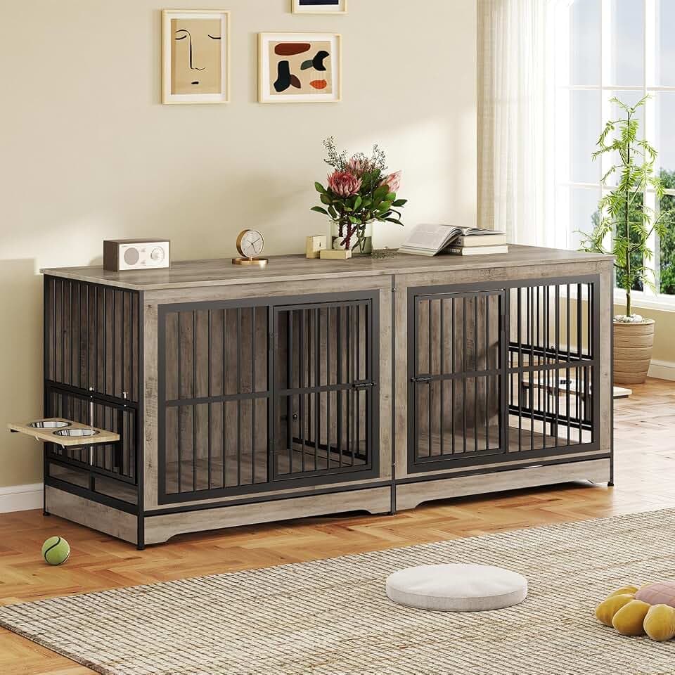 Rovibek 78 Double Dog Crate Furniture for 2 Large Dogs Indoor, Wooden Furniture Dog Crates with Dog Bowl, Dog Kennel Furniture TV Stand Large Breed Grey