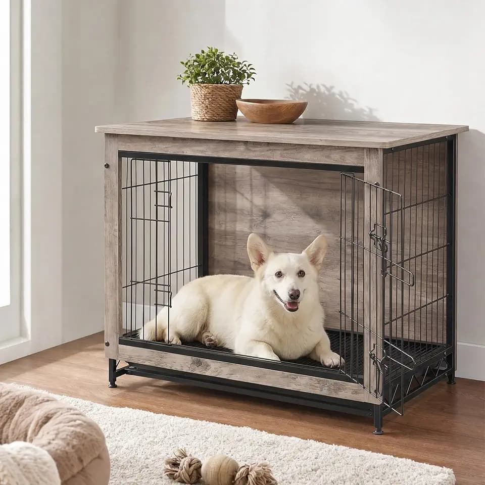SONGMICS HOME Dog Crate Furniture, Wooden Dog Kennel End Table with Double Doors and Removable Tray, Indoor Pet House for Medium and Large Dogs up to 45 lb, Greige