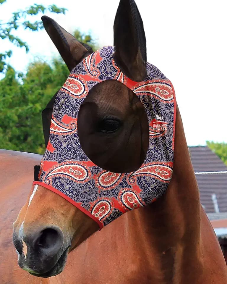 Harrison Howard Super Comfort Stretchy Fitting Horse Fly Mask with UV Protection Soft on Skin with Breathability Orange Paisley Pony