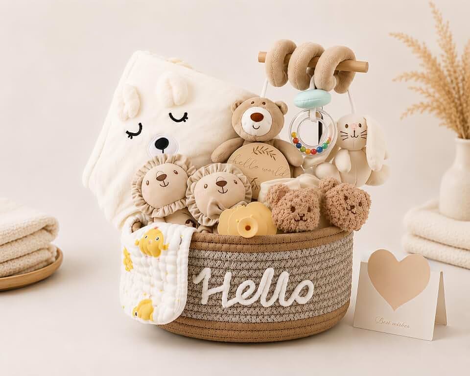 Baby Geschenk zur Geburt für Jungen oder Mädchen - 11-teiliges Neugeborenen-Geschenk mit Kapuzenhandtuch, Rassel, Kinderwagen-Spielzeug und Aufbewahrungskorb, Geschenke zur Geburt für Babyparty