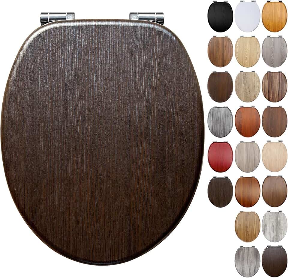 WC-Sitz aus dunkelbraunem Holz, Absenkautomatik, ovaler MDF-Toilettensitz aus Holz mit verstellbaren Scharnieren aus massiver Zinklegierung