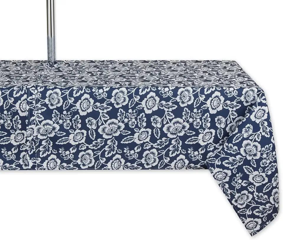 DII Floral Outdoor Zippered Tabletop Collection, Water Resistant, Tablecloth, 60 x 84, Nautical Blue