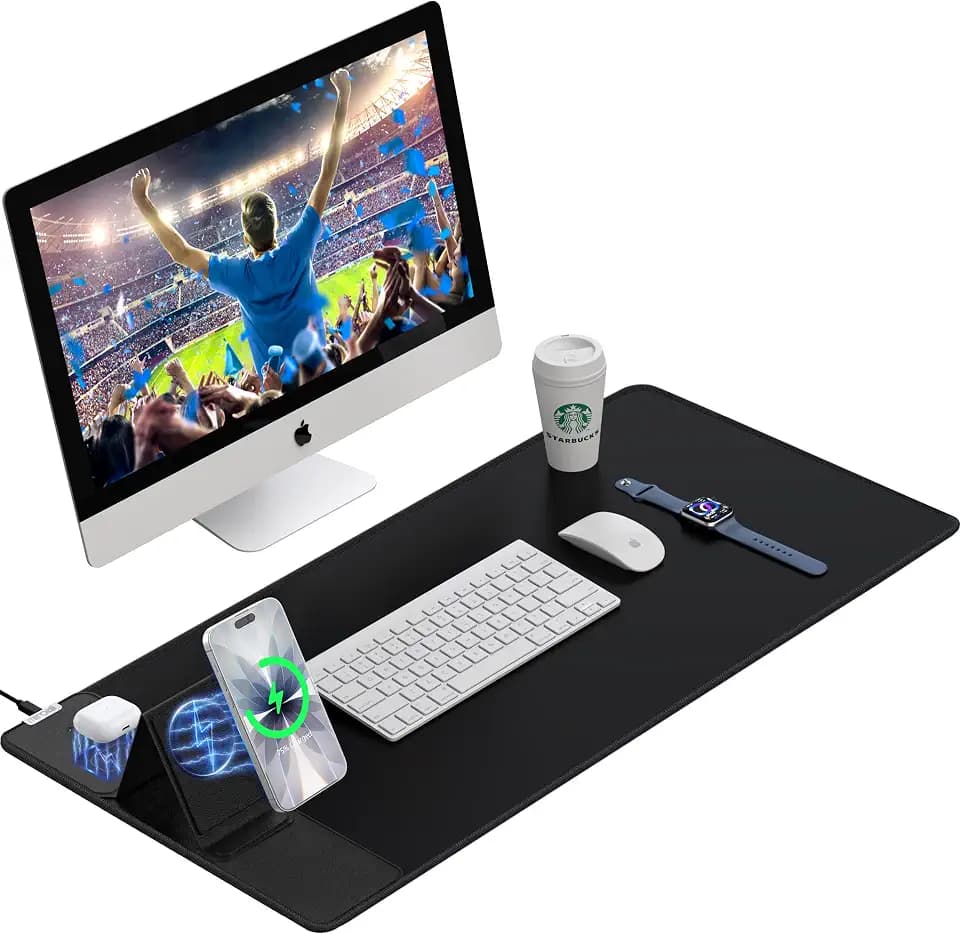 Wireless Charging Mouse Pad with Foldable Phone Holder, 15W Magnetic Fast Charging for iPhone Samsung, 31.5"x15.75" Large Desk Mat for Laptop/Keyboard, Waterproof Gaming Mousepad with Non-Slip Base