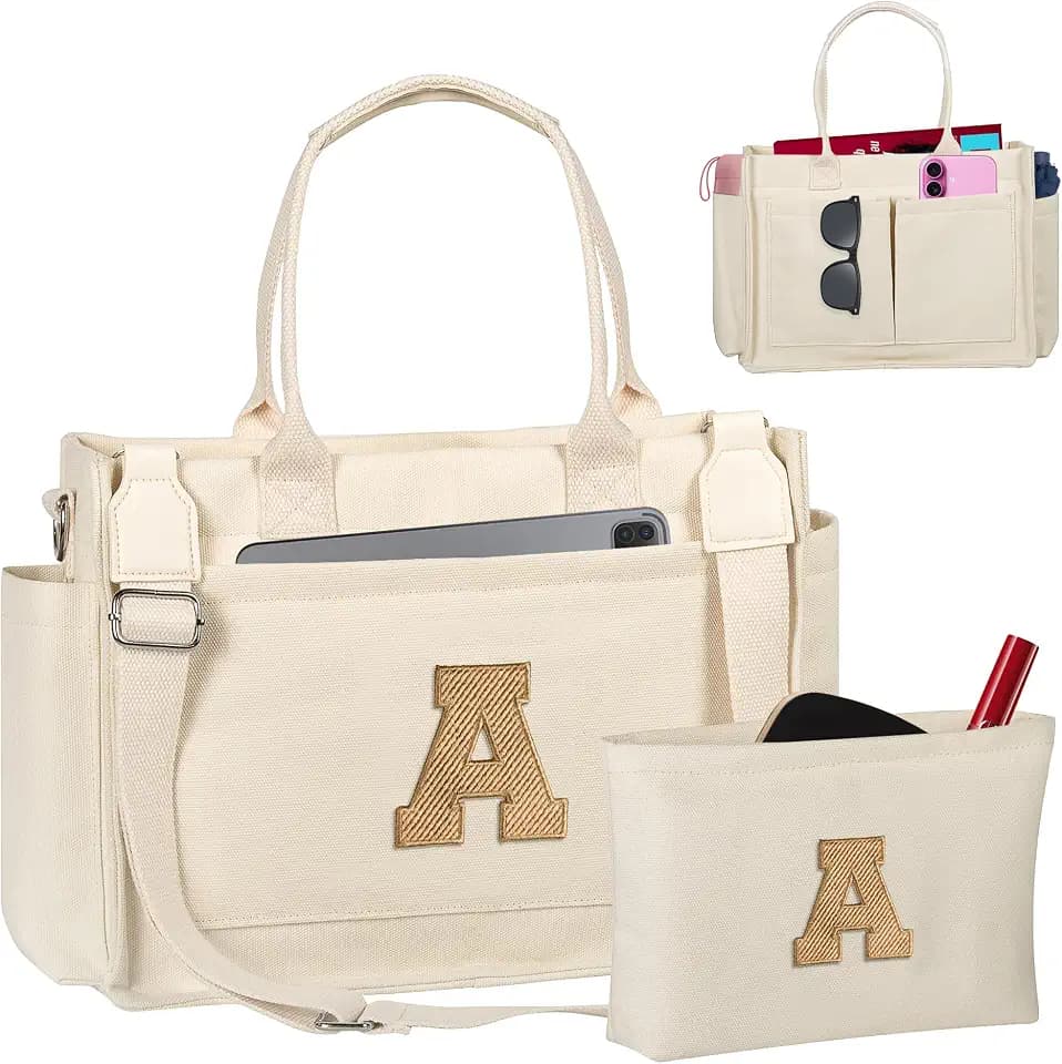 Birthday Gifts for Women, Initial Tote Bag with Makeup Bag