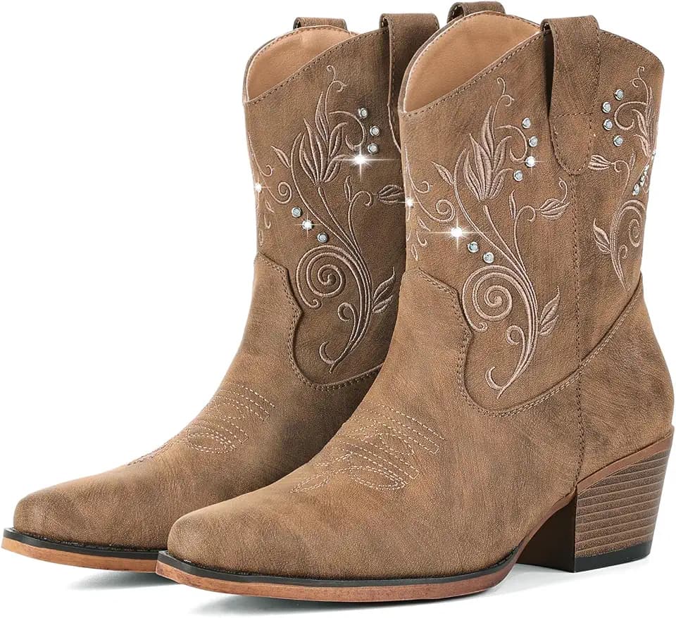 IUV Cowboy Boots for Women Ankle Cowgirl Boots with Rhinestone Decor
