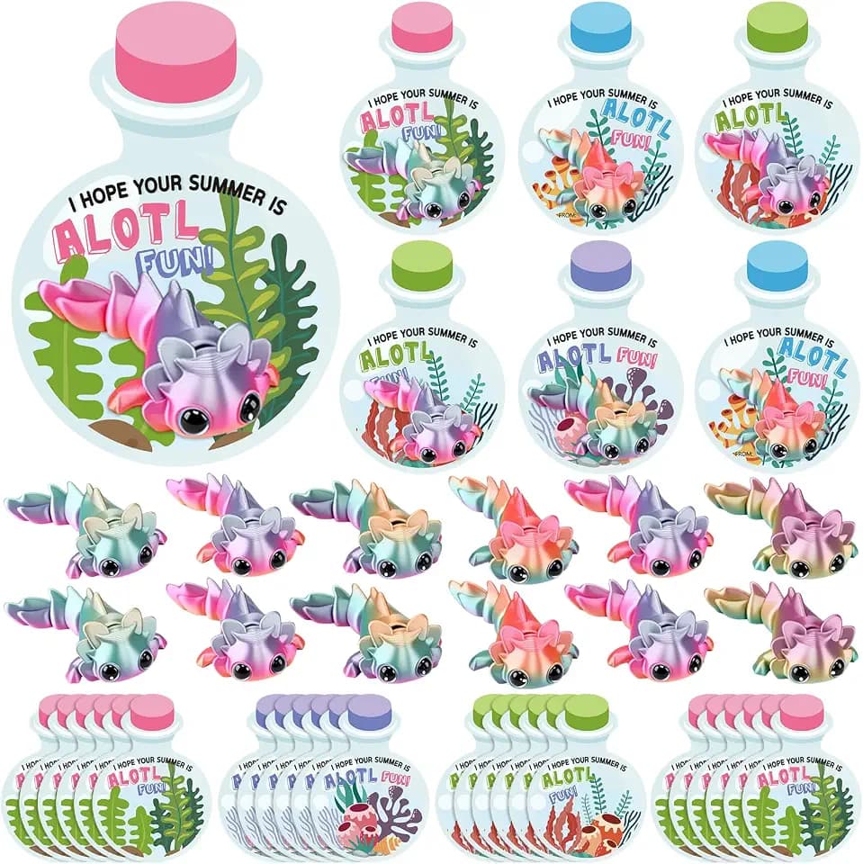24 Sets 3D Printed Axolotl with Summer Cards Axolotl Party Favors 3D Printed Animal Figures Stress Relief Fidget for Gift Exchange Summer Goodie Bag Stuffers Pool Party Favors