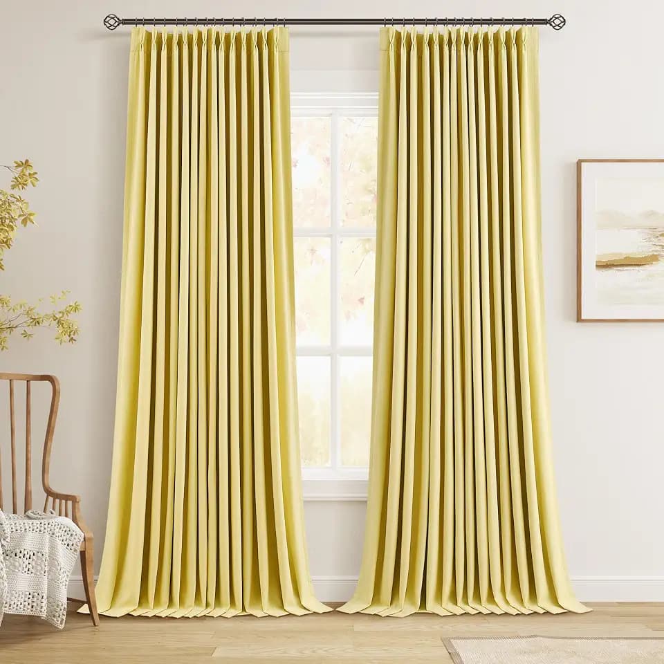 Yellow Double Pinch Pleated 100% Blackout Curtains Linen Blended Room Darkening Window Curtains 120 Inches Long for Living Room Bedroom Light Blocking Pinch Pleat Drapes with Hooks Rings W40 x L120