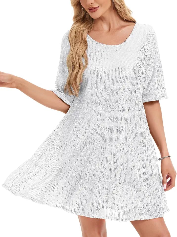 Pailletten-Glitzerkleid, Ganzkörperkleid, funkelnd, Midi-Kleid, Damen, lässig, Party, kurzärmelig, fließend, gestuft, Tunika, zum Ausgehen