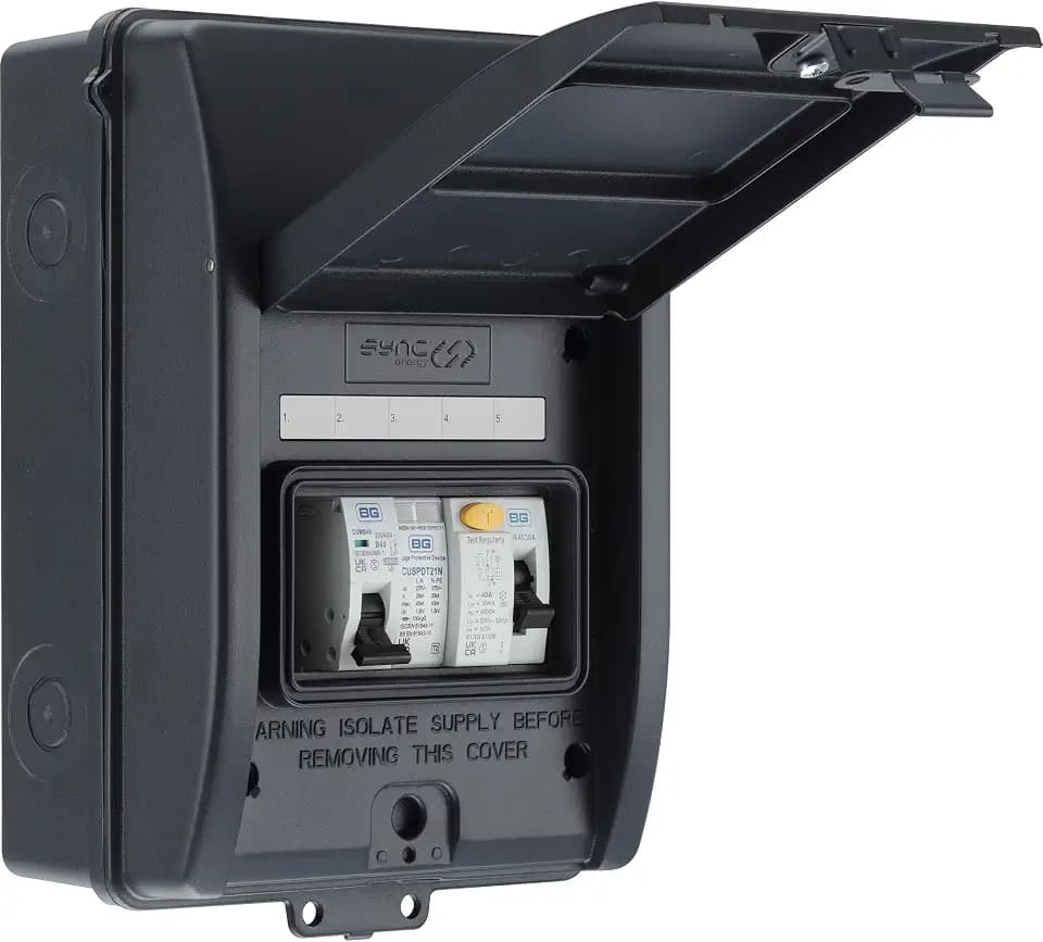 EV-Ladegerät-Verbrauchereinheit mit 40 A, 30 mA, Typ A RCD, Typ 2 SPD, & 40 A MCB, Elektrofahrzeug-Gehäuseset, wetterfest, 5 Module, bestückt, BG Sync EV, Grau, IP65, CFEV5A