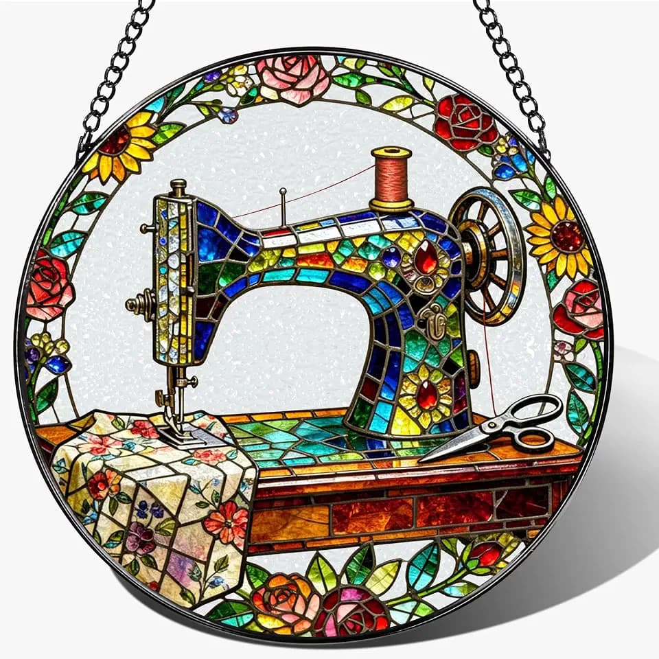 Sewing Machine Stained Glass Suncatcher, 7.8 Inch Stained Glass Window Hanging, Tailor Shop Decor, Sun Catchers Indoor Window Ornament, Gifts for Mother's Day, Mom, Grandma, Sewing Lovers, Seamstress