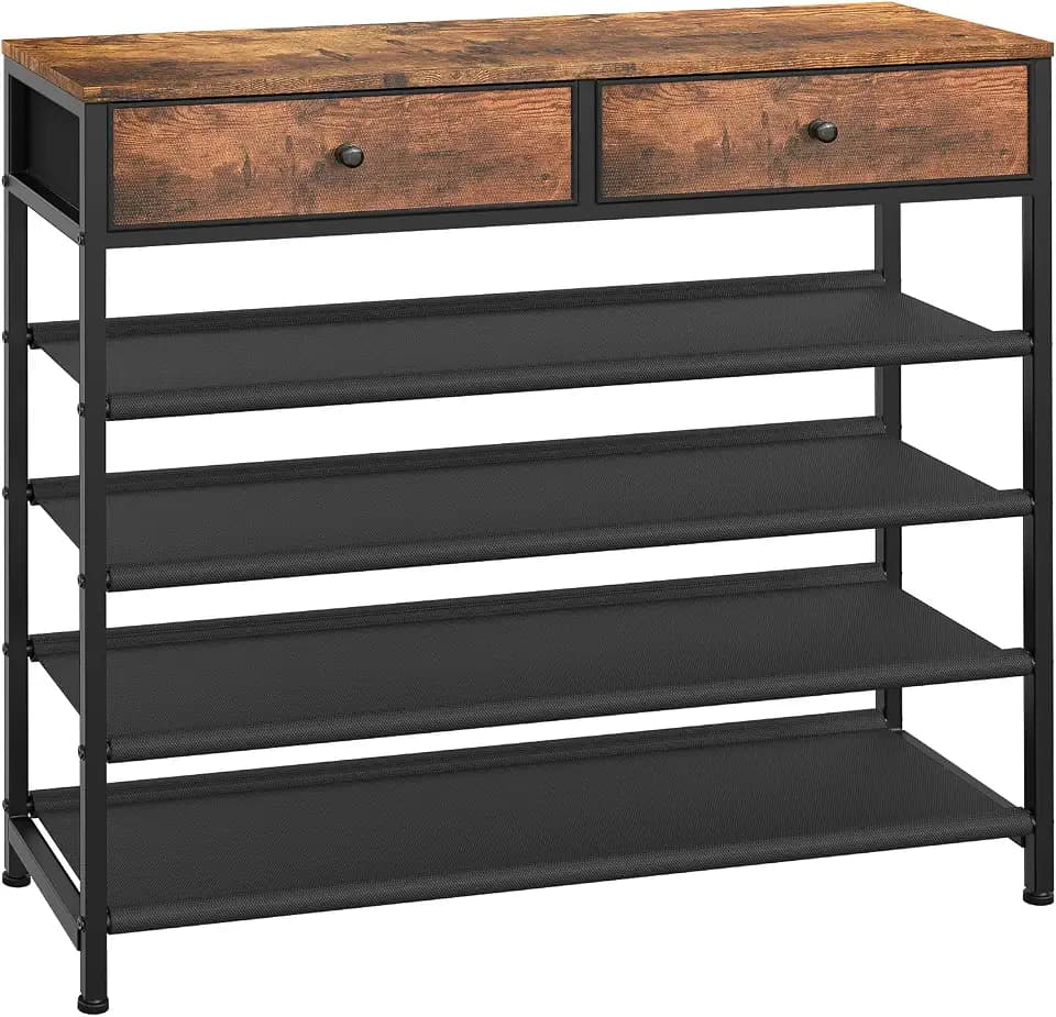 usikey Shoe Rack, 5 Tier Shoe Storage Organizer with 2 Drawers, Metal Shoe Shelf for 16-20 Pairs of Shoes, with 4 Oxford Fabric Shelves and Wooden Top, Shoe Stand for Closet, Entryway, Rustic Brown