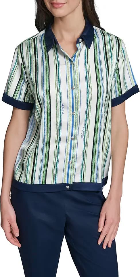 Karl Lagerfeld Women's Short Sleeve Collared Neck Striped Camp Shirt