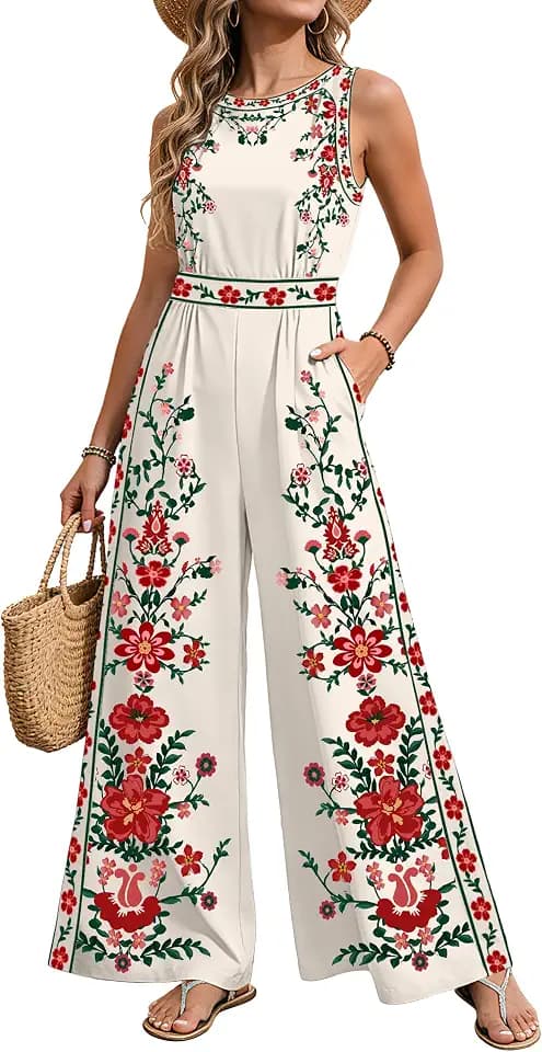 AGERWAY Women Jumpsuits Dressy Summer Round Neck Casual Sleeveless One Piece Outfit Floral Wide Leg Long Pant Romper Pockets